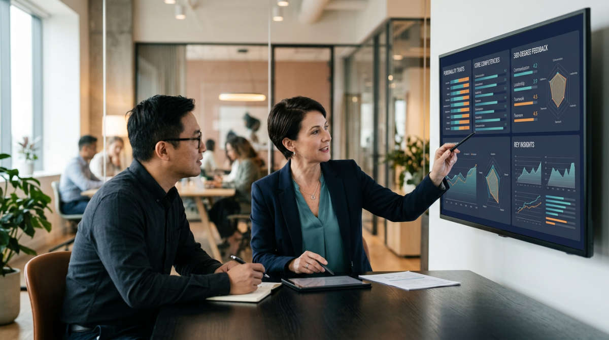 HR leader and manager reviewing psychometric and 360 feedback insights