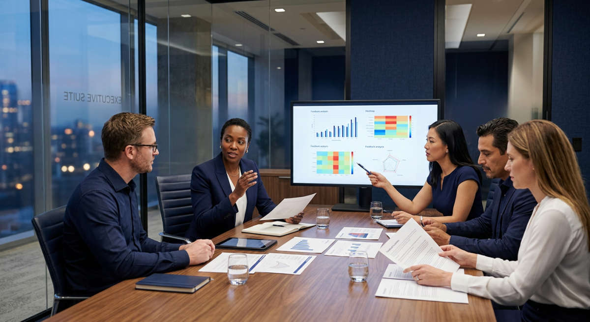 Executive team reviewing 360-degree feedback for business growth