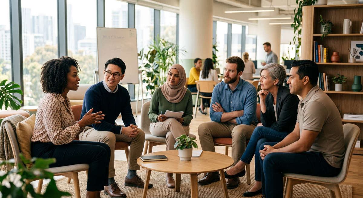 Diverse team having a constructive workplace feedback conversation