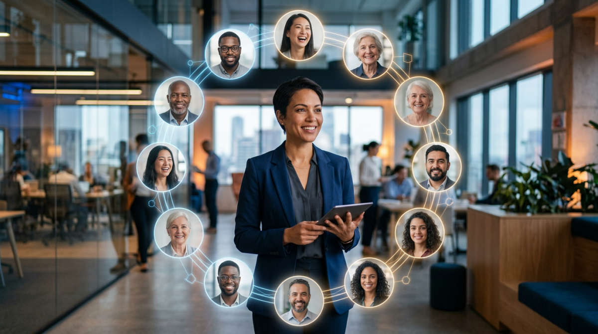 Professional surrounded by a circle of colleague feedback perspectives
